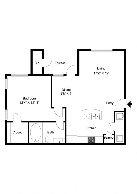 Floor plan for 1 bed, 1 bath, 747 sqft